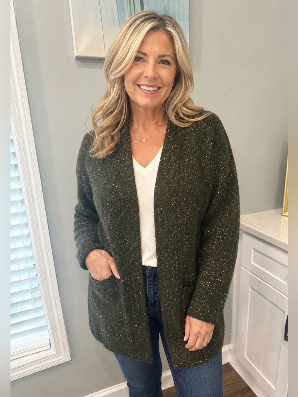 Olive Open-Front Women's Sweater Cardigan Size M